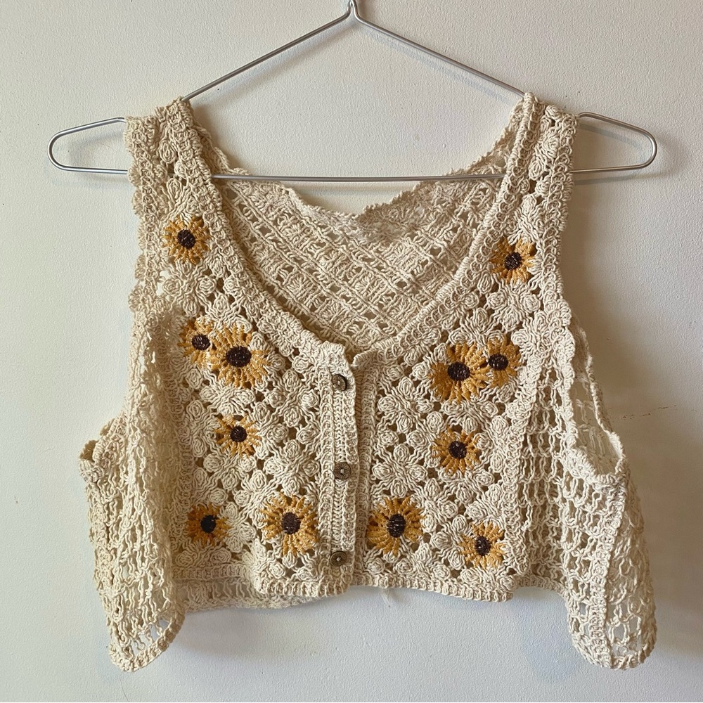 Crochet vest with embroidered sunflowers and button front